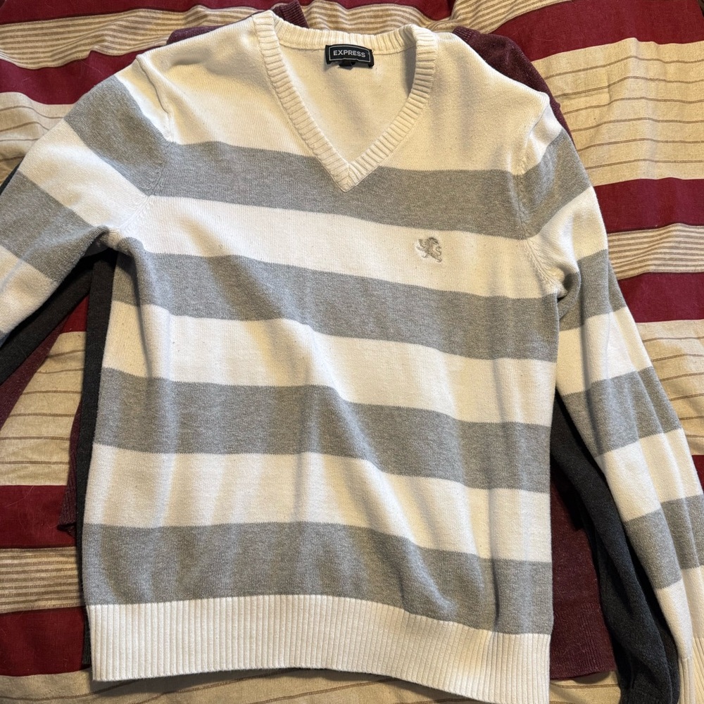 Express V-Neck Gray and White Striped Sweater